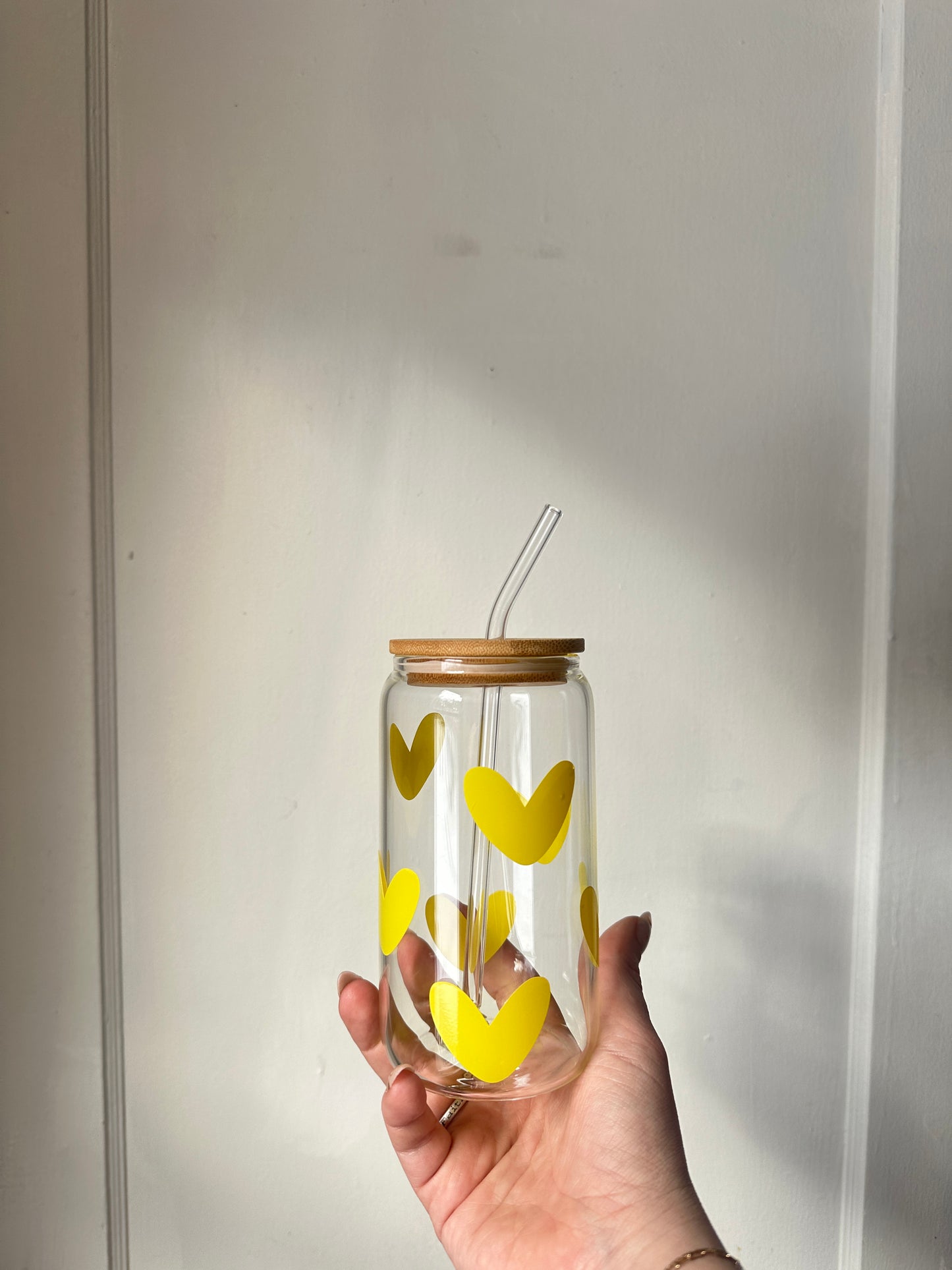 Yellow heart 16 oz glass cup