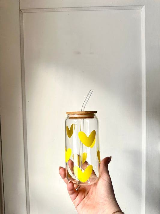 Yellow heart 16 oz glass cup